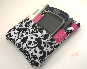 Damask Pocket Organizer, Nurse Scrubs, Lab Coat, Hot Pink and Black