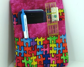 Nurse scrubs pocket organizer, purse organizer, lab coat pocket organizer - Autism Puzzle Fabric - Made to Order
