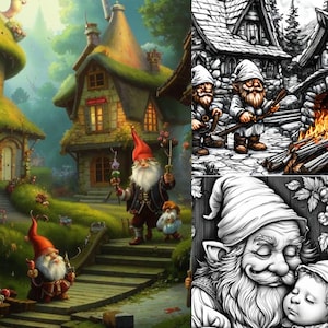 May include: A whimsical illustration of a village with a green roofed house and several gnomes. The gnomes are wearing red hats and have long white beards. The illustration is in a cartoon style and has a magical feel.