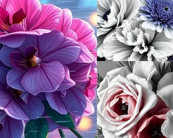 Ultrarealistic Flowers Grayscale Coloring Pages/ Printable coloring pages for teens and adults. 8.5 bu 11 inches size