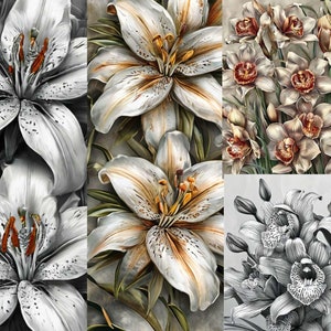 Puede incluir: Un collage de cuatro imágenes con diferentes tipos de flores. La imagen superior izquierda muestra un primer plano de un lirio blanco con acentos marrones. La imagen superior derecha muestra un lirio blanco con acentos marrones. La imagen inferior izquierda muestra un primer plano de un lirio blanco con acentos marrones. La imagen inferior derecha muestra un primer plano de una orquídea blanca con acentos grises.