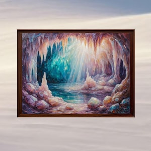 May include: A framed painting depicts a vibrant cave interior with a turquoise pool of water. The cave walls and ceiling are adorned with icicle-like formations in shades of purple, orange, and white. Light streams in, illuminating the scene.