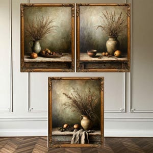 Rustic Still Life Set of 3 Prints – Vintage Pottery & Dried Grass Wall Art, Warm Earth Tones