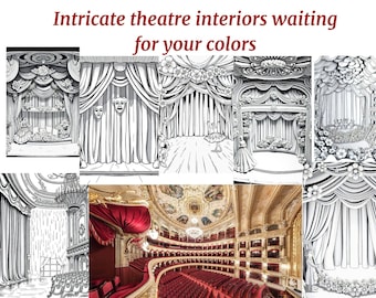 Elegant Theatre Interiors. Classical, antique styles, pantomime theater, opera.49 Coloring Digital Printable Pages in 2 files/ 8.5by 11 inch