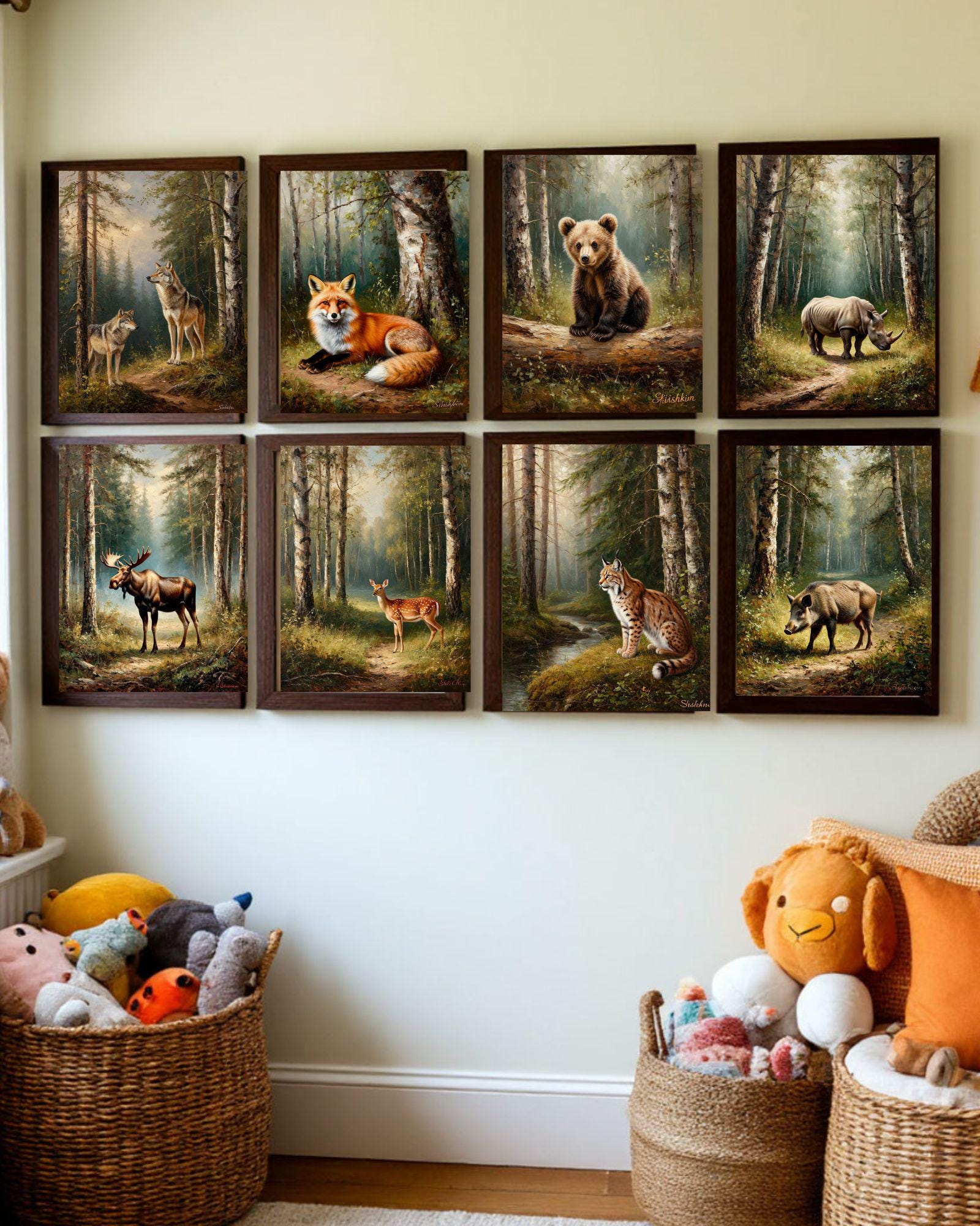 Forest Animal Wall Art Set of 9, Woodland Nursery Prints, Rustic Kids ...