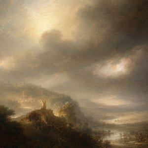 May include: An oil painting depicting a landscape with a river winding through a valley under a dramatic, cloudy sky. A ruined structure sits atop a hill in the foreground, surrounded by dark trees and foliage, with light breaking through the clouds.