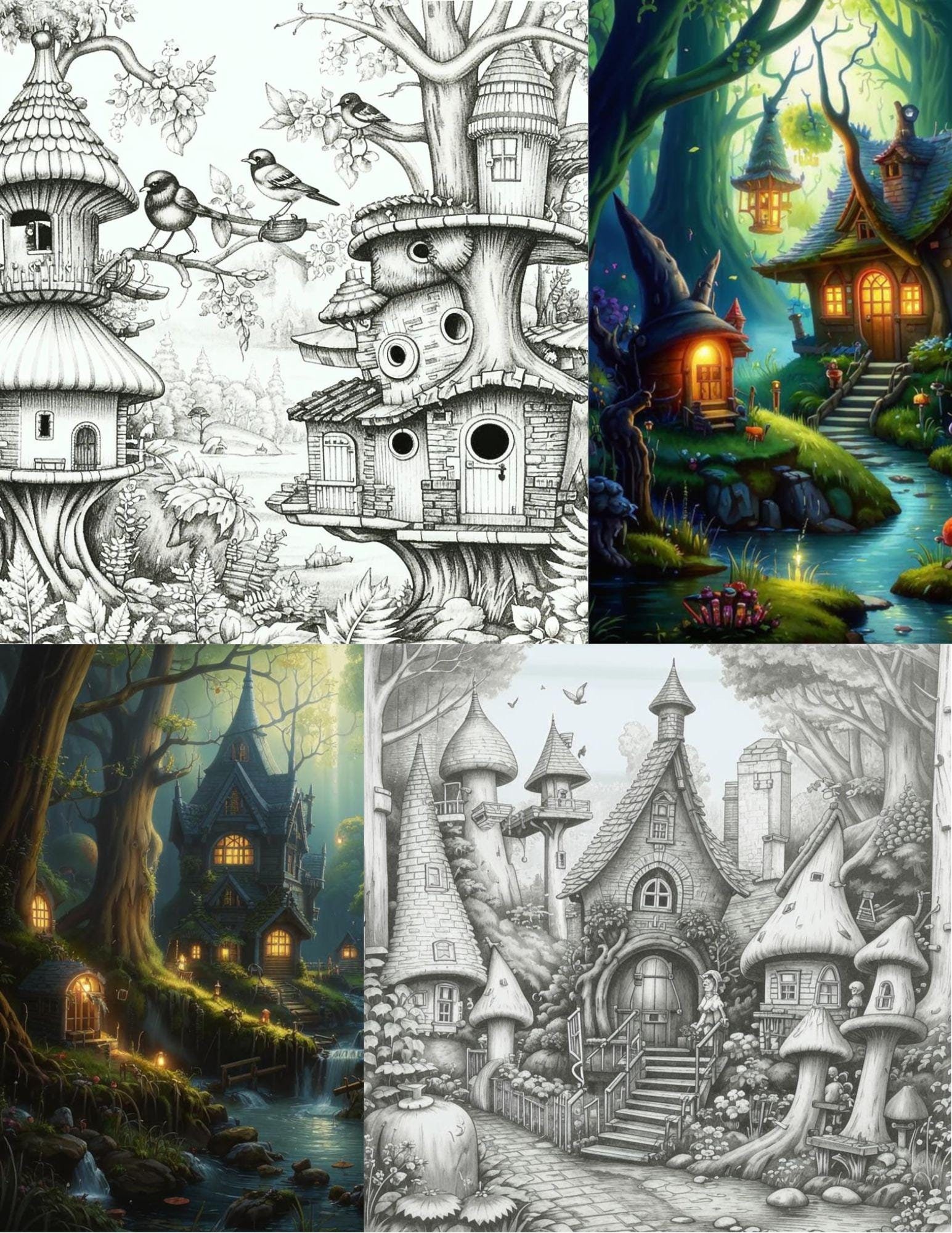 Fairytale settlements of fairytale characters. Fantastic places. Coloring digital printable pages for children teens. 8.5 by 11 inch