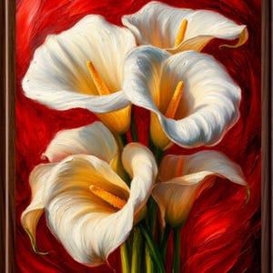 May include: A framed oil painting featuring a bouquet of white calla lilies with yellow centers against a vibrant red background. The flowers are detailed with brushstrokes, and the frame is a dark brown color.