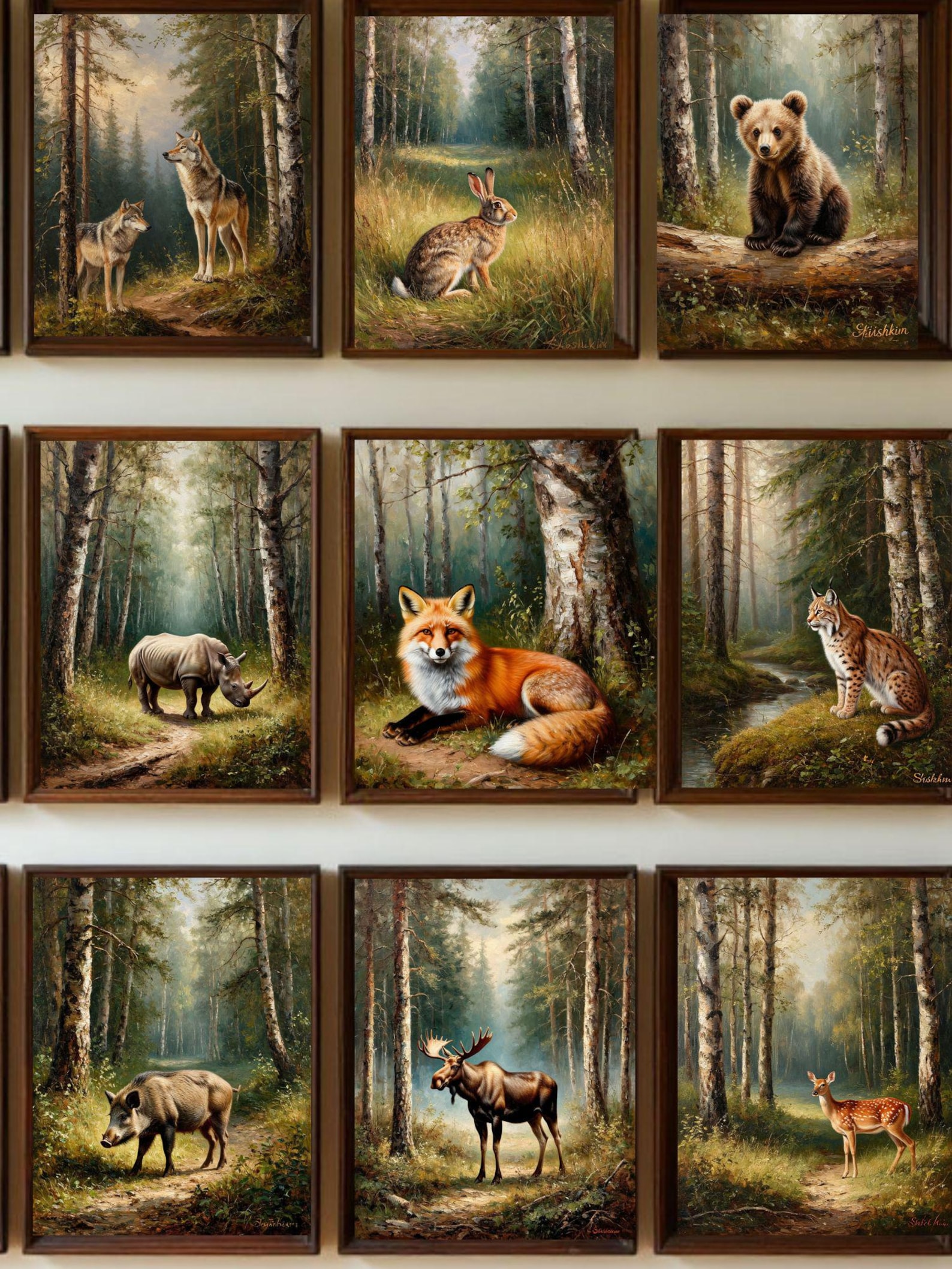 Forest Animal Wall Art Set of 9, Woodland Nursery Prints, Rustic Kids ...