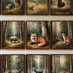 May include: A collection of framed landscape paintings featuring various forest animals. Each painting depicts a different animal, including wolves, a rabbit, a bear cub, a fox, a rhino, a lynx, a boar, a moose, and a deer, in a forest setting.