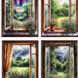 Puede incluir: Un conjunto de cuatro láminas decorativas enmarcadas que muestran ventanas abiertas hacia diferentes paisajes. Las escenas incluyen un cielo nocturno con auroras boreales, un jardín soleado con arcoíris, un día lluvioso y un cielo tormentoso.
