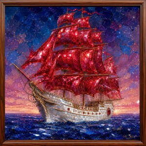 Op de afbeelding: Een vierkant ingelijst kunstwerk toont een zeilschip met levendige rode zeilen tegen een sterrenhemel. De romp van het schip is wit en de zee is diepblauw. Het kunstwerk is ingelijst in donker hout.