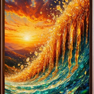 May include: A framed abstract painting depicts a wave of water in shades of teal and turquoise, contrasted by a fiery orange and yellow sky. The wave appears to be breaking, with golden, crystalline structures cascading down.