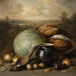 May include: A still life painting featuring a large green cabbage, two round loaves of bread in a bowl, a dark brown ceramic pot, a wooden ladle, three small eggs, several yellow and red onions, and a small bowl of salt on a wooden surface.
