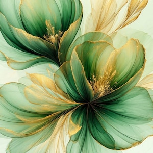 May include: Abstract floral art featuring green and gold flowers. The petals are a translucent green with gold accents, creating a delicate and ethereal effect. The artwork has a soft, painterly style, with a focus on light and shadow.