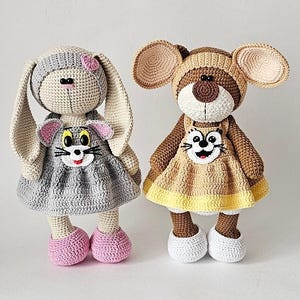 SET  Bear and Bunny 27 cm + 2 outfits / AMIGURUMI / Instructions in PDF format
