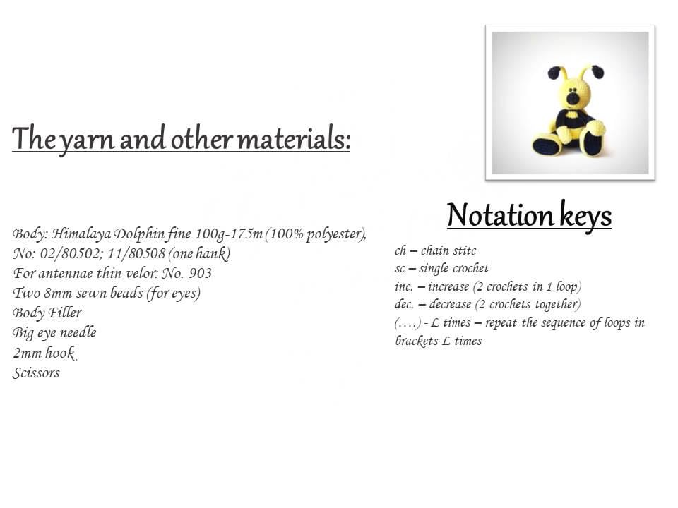 かぎ針編みパターン ビー 26 cm / 編みぐるみチュートリアル PDF