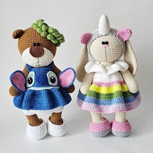 SET  Bear and Bunny 27 cm + 2 outfits / AMIGURUMI / Instructions in PDF format