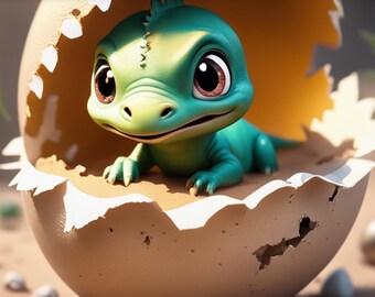 May include: A small, green dinosaur with large eyes peeks out of a cracked, brown egg shell. The dinosaur has a toothy grin and is sitting on a sandy surface.