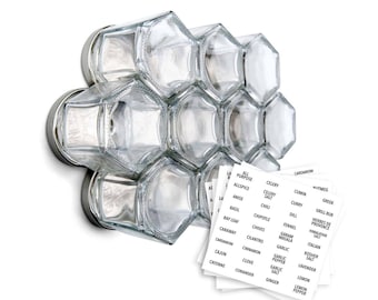 Magnetic Spice Rack by Gneiss Spice | 10 Small Empty Glass Hexagonal Jars for Fridge | Eco-Friendly Zero-Waste Gift Idea