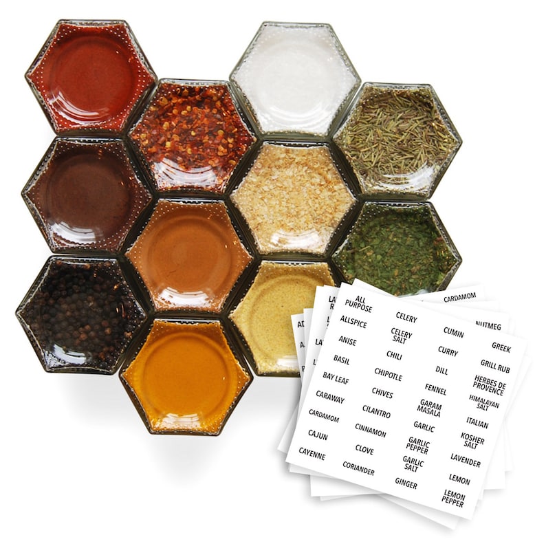 BASIC SPICE KIT 12 Standard Organic Seasonings in Magnetic Jars Sticks to Fridge Fun Kitchen, Housewarming or Graduation Gift image 2