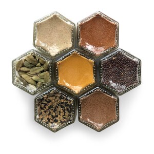 INDIAN 7 Organic Seasonings in Magnetic Jars Unique Gift Idea for World Traveler Tandoori Garam Masala Chaat Masala image 2