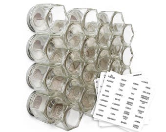 Magnetic Spice Rack by Gneiss Spice | 24 Large Empty Glass Jars + Clear Labels | Sticks to Fridge | Kitchen Storage and Organization