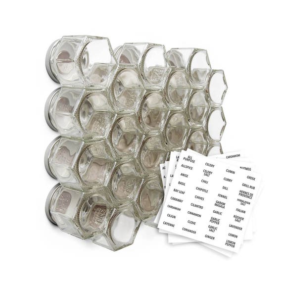Magnetic Spice Rack by Gneiss Spice 24 Small Empty Hexagon Glass Jars Clear  Labels Spices for Fridge Pantry Storage Organization 