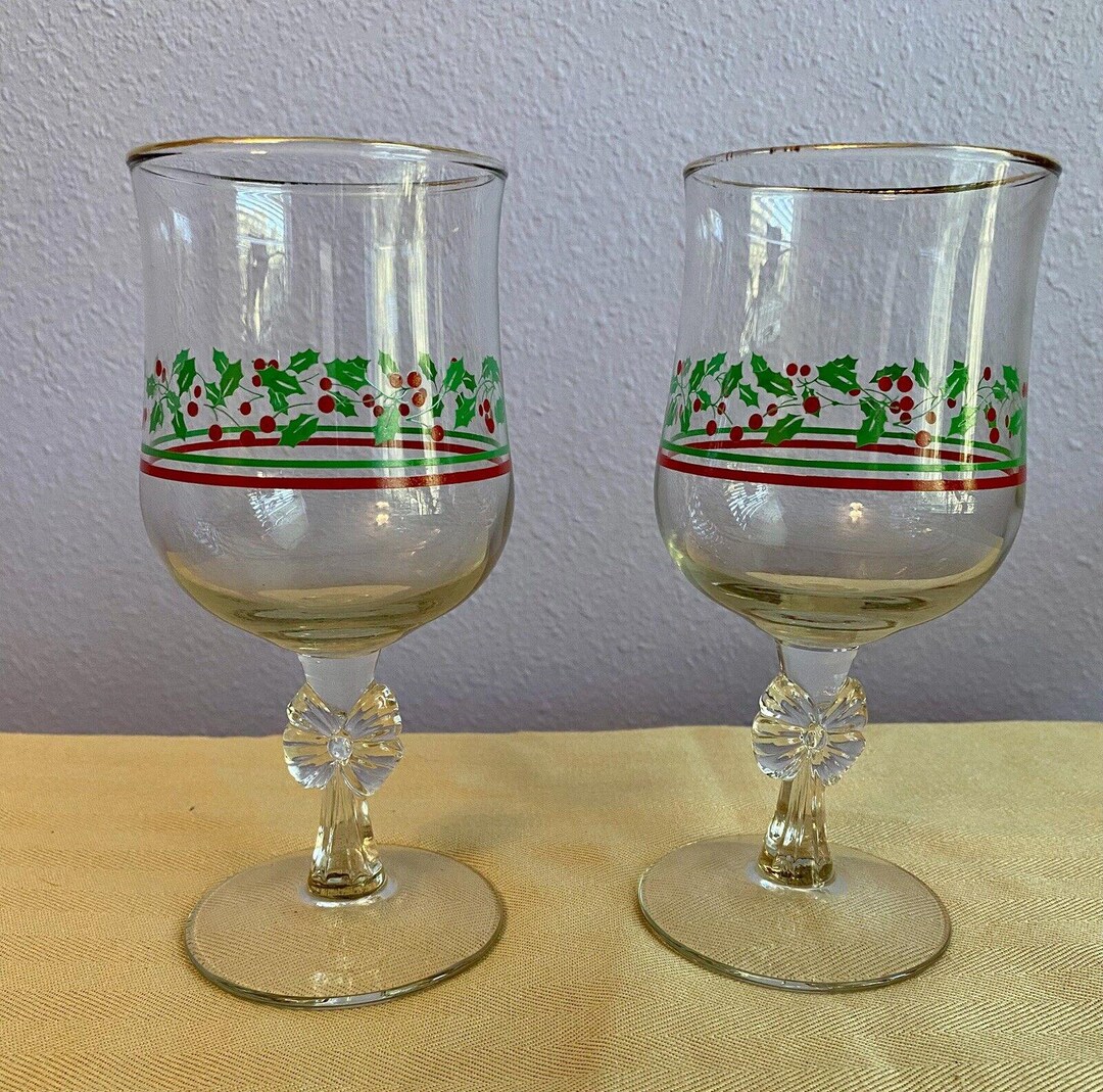 2 Vintage Arby's Bow Stem Christmas Glasses Holly Berry Glass Gold Trim ...