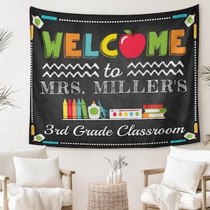 Personalized Teacher Classroom Tapestry, Teacher Gift, Classroom Decor, Custom Teacher Name Banner, Welcome to Class Decor,Custom Tapestry