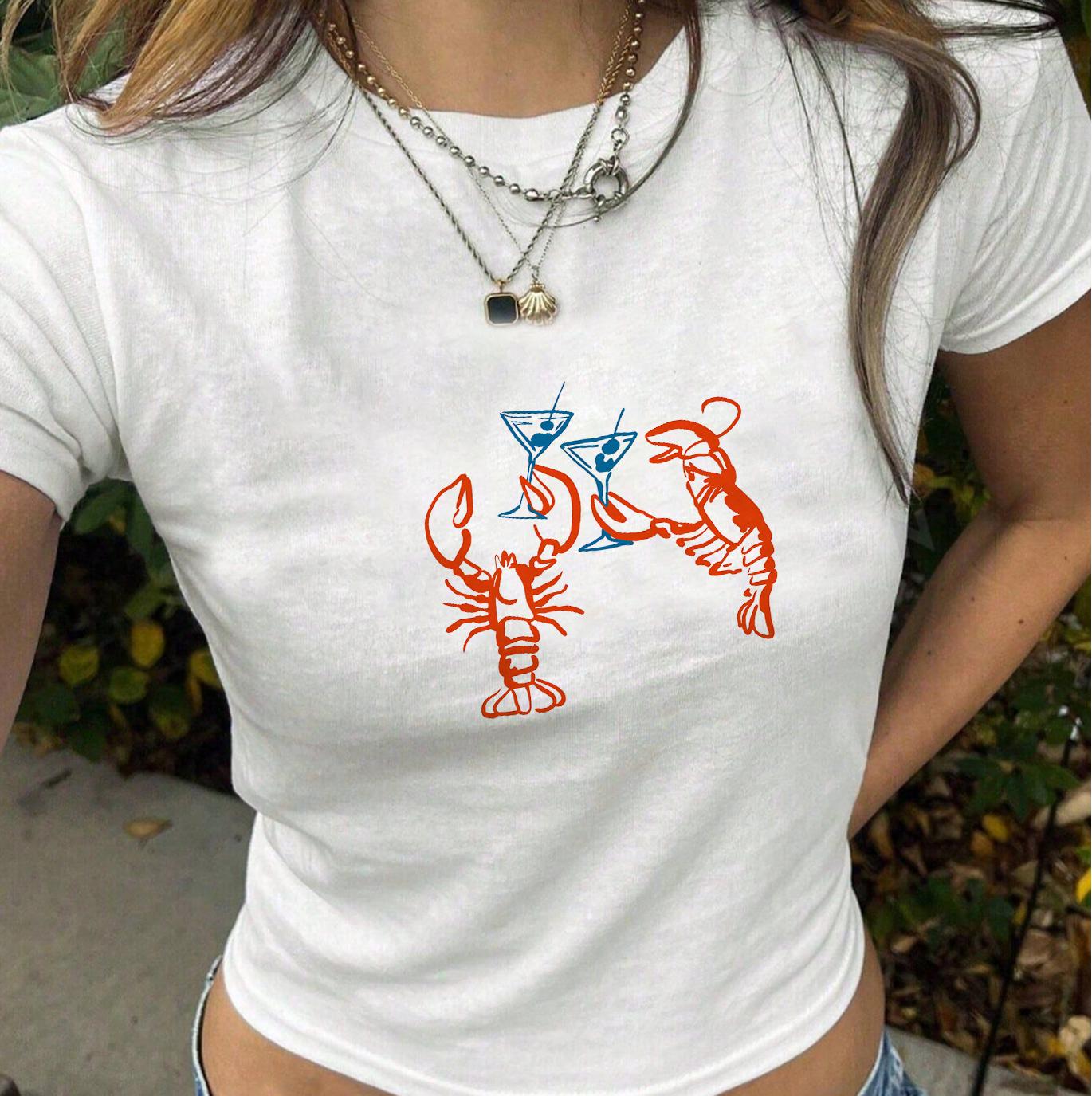 Vintage Lobster Baby Tee, Coquette Baby Tee, Retro Graphic Top, Pinterest Aesthetic, 90s Tshirt, Y2K, Bar Illustration, Cocktail Seafood