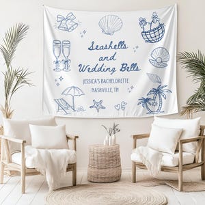 Seashells and Wedding Bells Bachelorette Party Banner Personalized Beach Bachelorette Backdrop Coastal Bachelorette Party Decor Tapestry