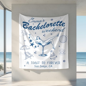 Personalized Bachelorette Beach Party Banner, Custom Location Bachelorette Tapestry, Bachelorette Party Decor, Beach Bachelorette Backdrop