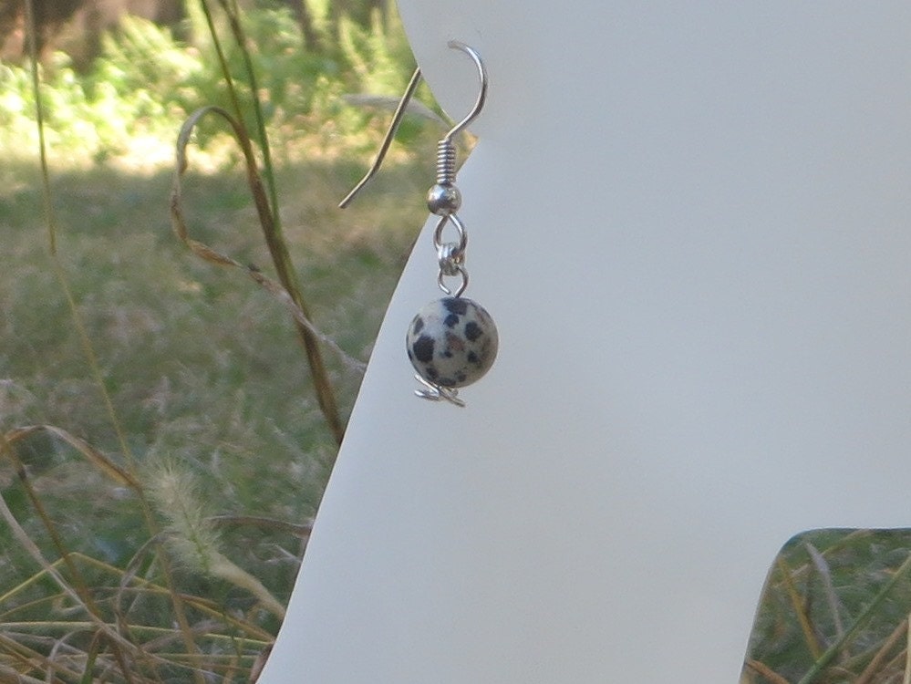 Orecchini Pendenti In Diaspro Dalmata - Rotondi, Con Gancio In Argento 925 - Golden Heaven