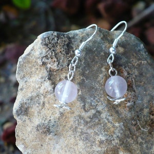 Delicate semiprecious rose quartz earrings, 8mm ball dangle on french hook