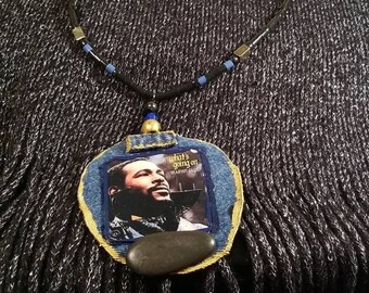 The legendary Marvin Gaye paper water Resistant resin epoxy coated jewelry Artwork mounted on Black denim  fabric Jean necklace