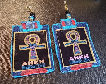 4 inches Blue Denim earrings.  Ancient  Egyptian  Ankh earrings , Ankh work paper jewelry water Resistant earrings