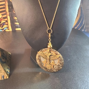 Antique Gold tone pewter charm  Ancient Egyptian Goddess Maat w/mounted Ankh charms necklace attached to stainless steel snake link chain