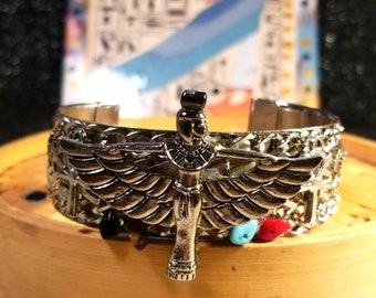 Antique Silver Tone Metal Cuff Ancient Egyptian Goddess Maat charm cuff bracelet