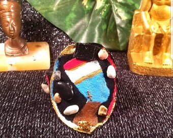 Bohemian/Egyptian s  acrylic painted black denim designs queen nefertiti profile mounted on denim  fabric cuff bracelet