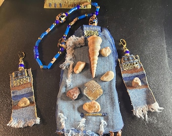 Upcycled Bohemian Denim Necklace and Earrings Set: Riverstone Fabric Jewelry