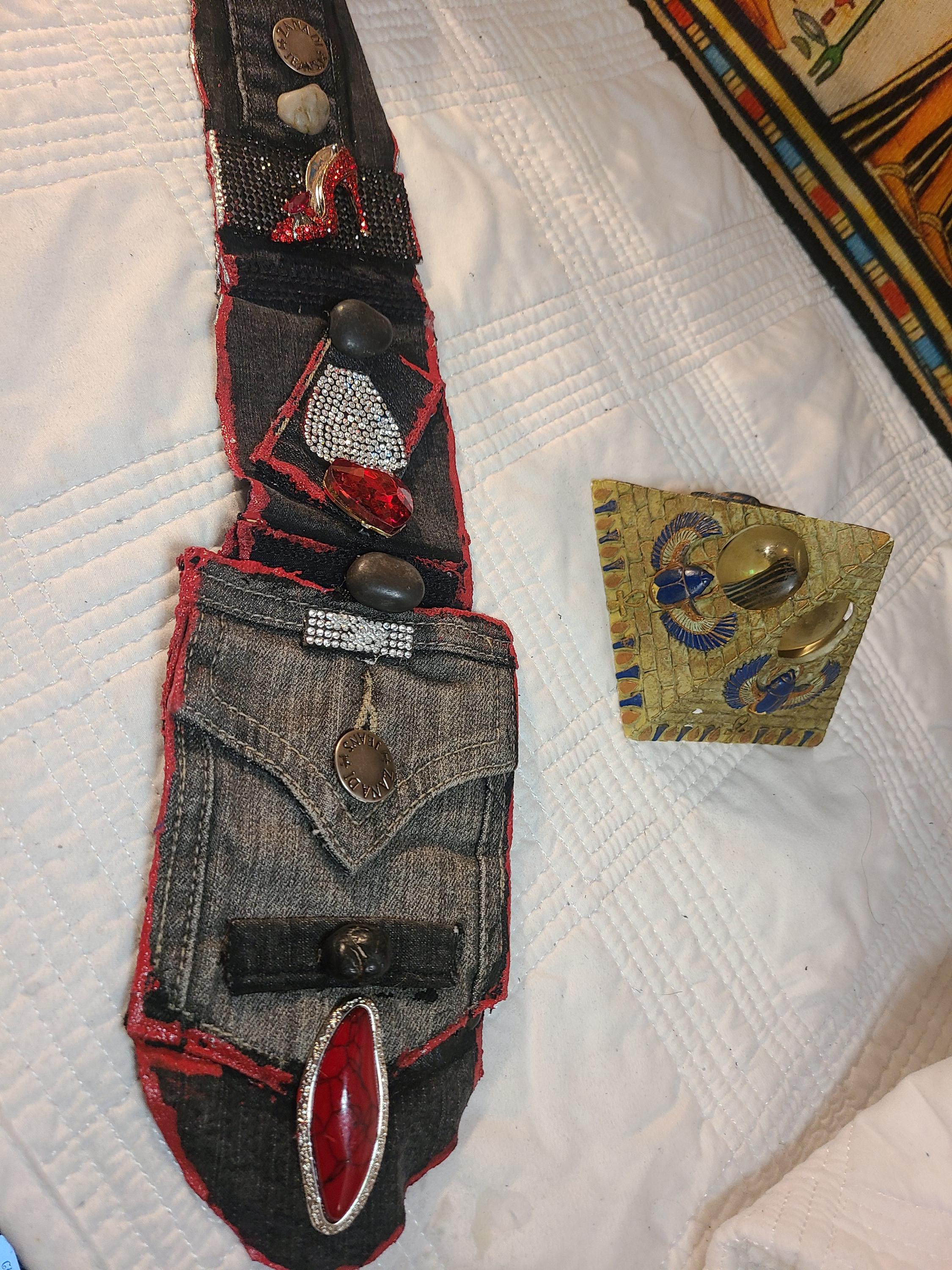 Upcycled Denim Statement Necklace: Rhinestone & Charm Junk  display picture 1