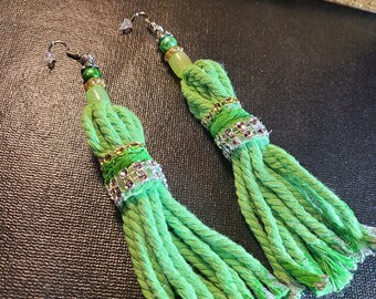4 1/2 inches Bohemian cotton fabric and cotton yarm green strip fringes style earrings, acylic paints