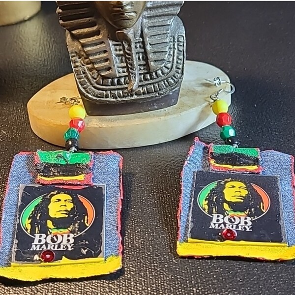 Bob marley denim paper jewelry earrings,  denim fabric,  blue jeans earrings