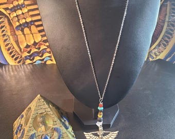 Ancient Egyptian Maat Ankh Necklace: Pewter Charm, Stone Beads