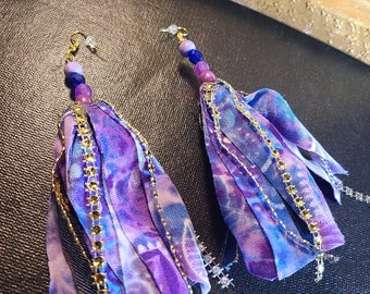 4 inches Bohemian purple fabric and nylon strip fringes gold tone bling strips , cowrie shells and riverstones style earrings,