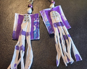 4 inches Bohemian purple and white fabric and nylon strip fringes Silver tone bling strips style earrings,