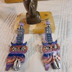 Wood laser disk Wise ole owl with denim fabric cotton strips and silver  painted cowrie shells dangle earrings earrings