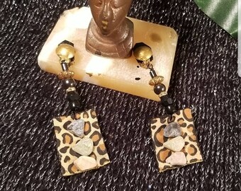 clip on / non pierced Leopard print cotton fabric mounted on faux leather square cut earrings, leopard print earrings, boho earrings