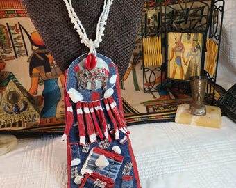 Upcycled Denim Elephant Charm Junk Tie Necklace,  Upcycled Fabric Elephant  necktie